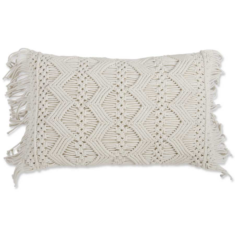 Small Cream Rectangle Macrame Pillow with Fringe - Farmhouse 208