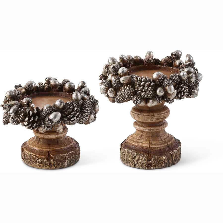 Resin Antique Silver and Natural Wood Candleholders with Acorns - Farmhouse 208