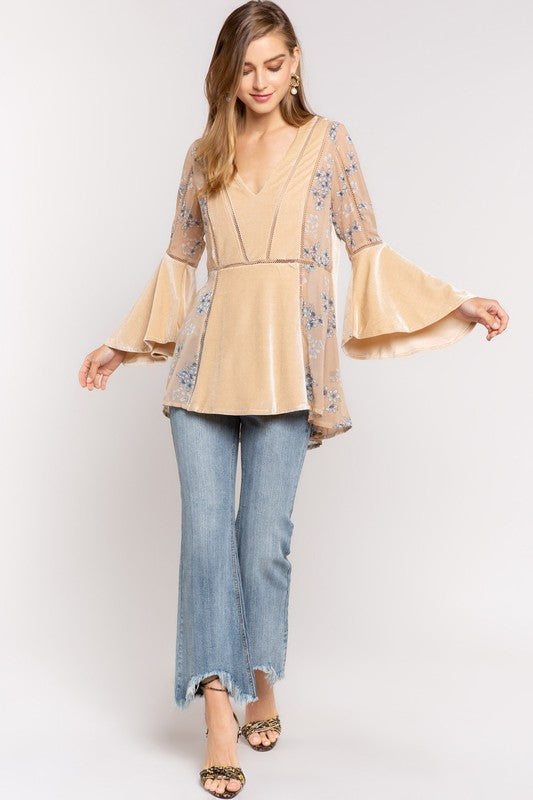 3/4 Flutter Sleeve Velvet Peasant Top - Farmhouse 208