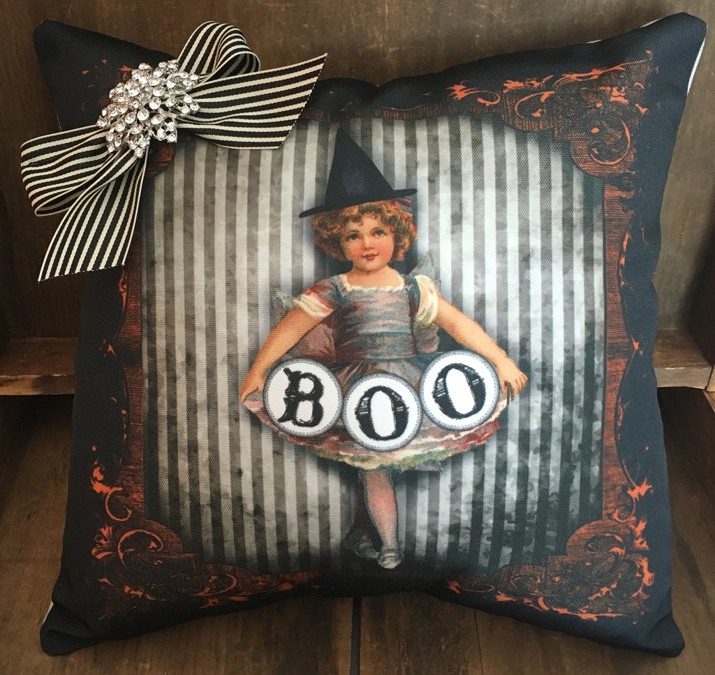 Vintage Boo Girl Halloween Pillow - Farmhouse 208