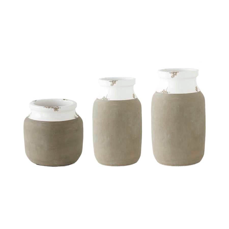 White Ceramic Pot w/ Cement Detail - Farmhouse 208